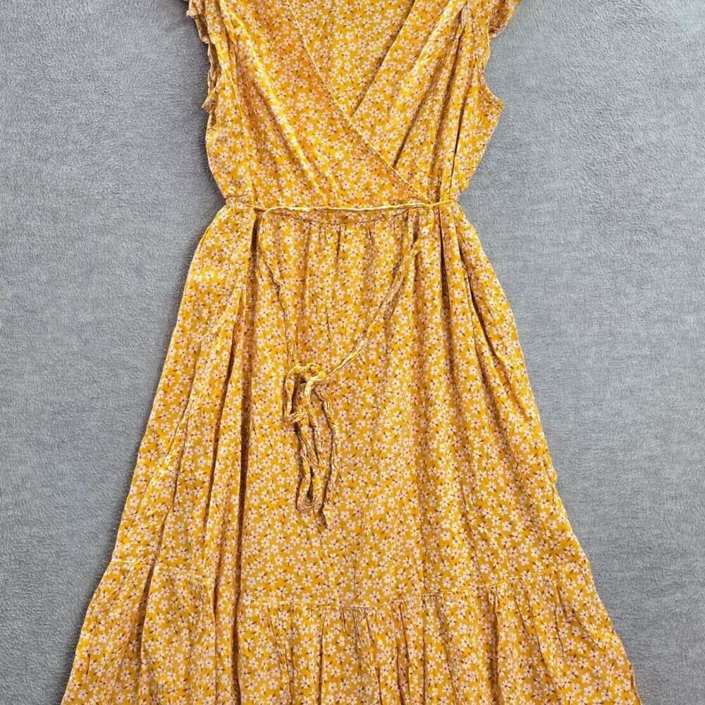 Old Navy Women Dress L Yellow Floral Midi A Line Faux Wrap Flutter Sleeve NWT